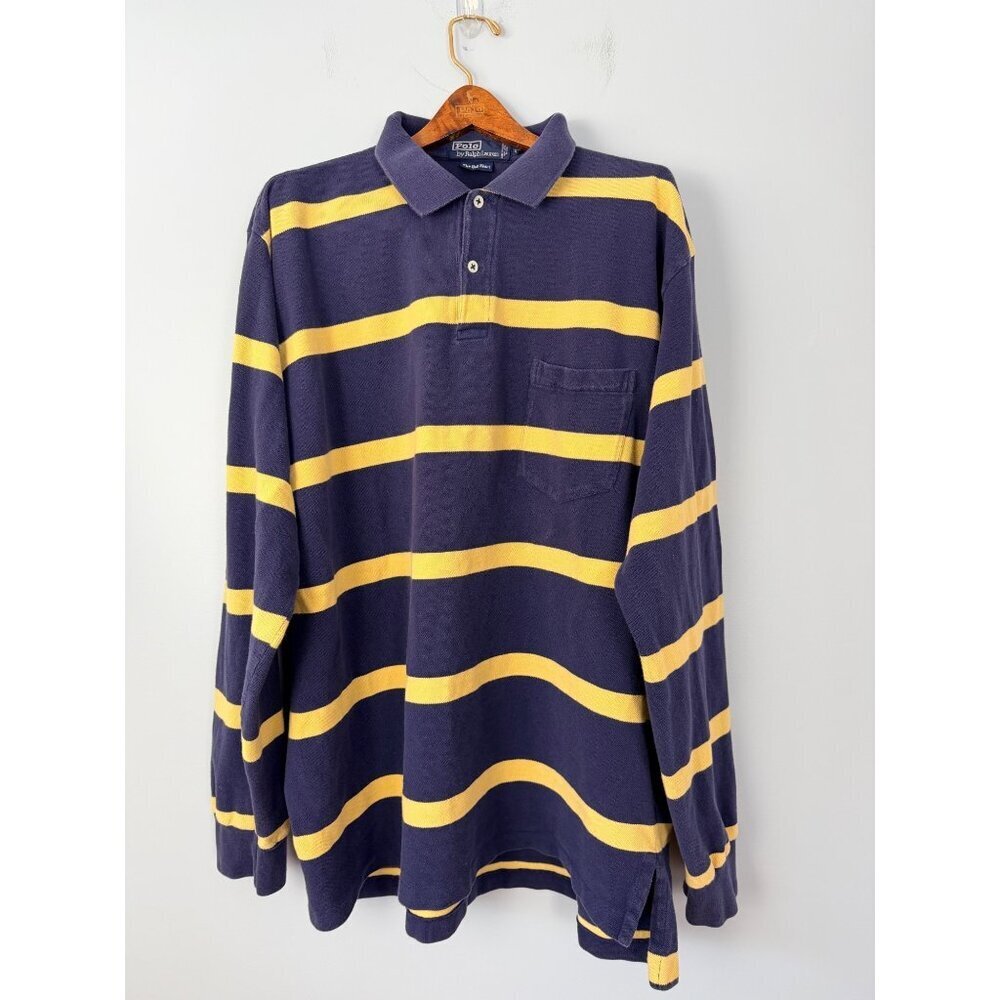 Vintage 90s Polo Ralph Lauren Mens XL Big Shirt Rugby Yellow & Navy Stripes